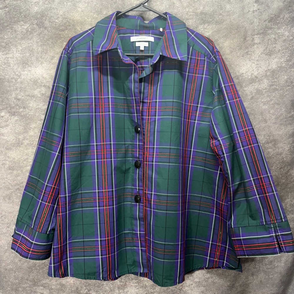 Foxcroft Green Purple Plaid Button Down Shirt Size 20W Holiday Wrinkle Free